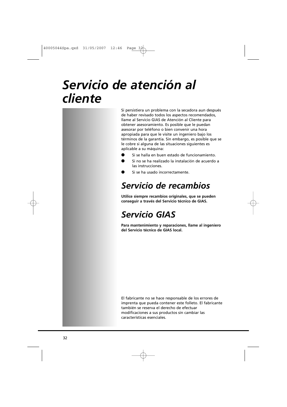 Servicio de atención al cliente, Servicio de recambios, Servicio gias | Candy GO DV 18-37S User Manual | Page 32 / 116
