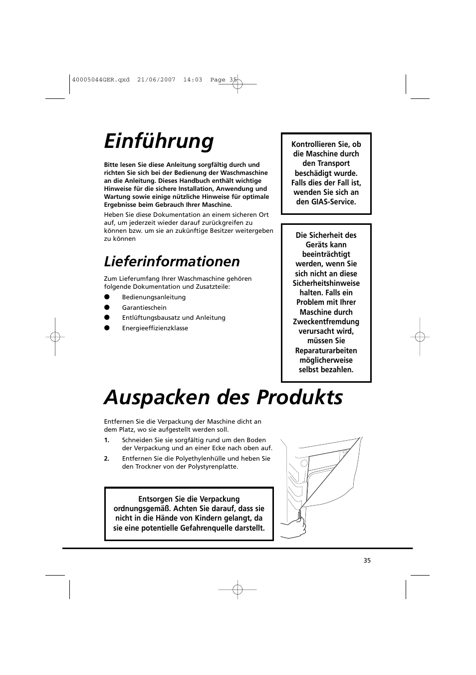 Einführung, Auspacken des produkts, Lieferinformationen | Candy GO DV 18-37S User Manual | Page 35 / 116