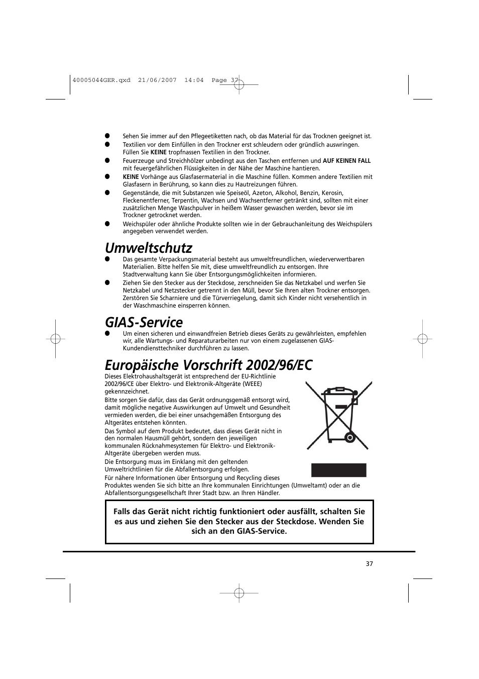 Umweltschutz, Gias-service | Candy GO DV 18-37S User Manual | Page 37 / 116