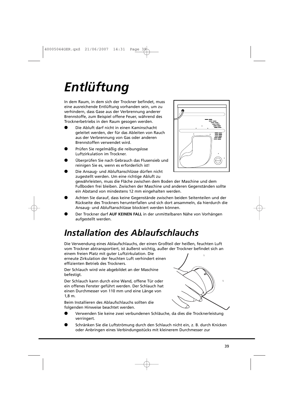 Entlüftung, Installation des ablaufschlauchs | Candy GO DV 18-37S User Manual | Page 39 / 116