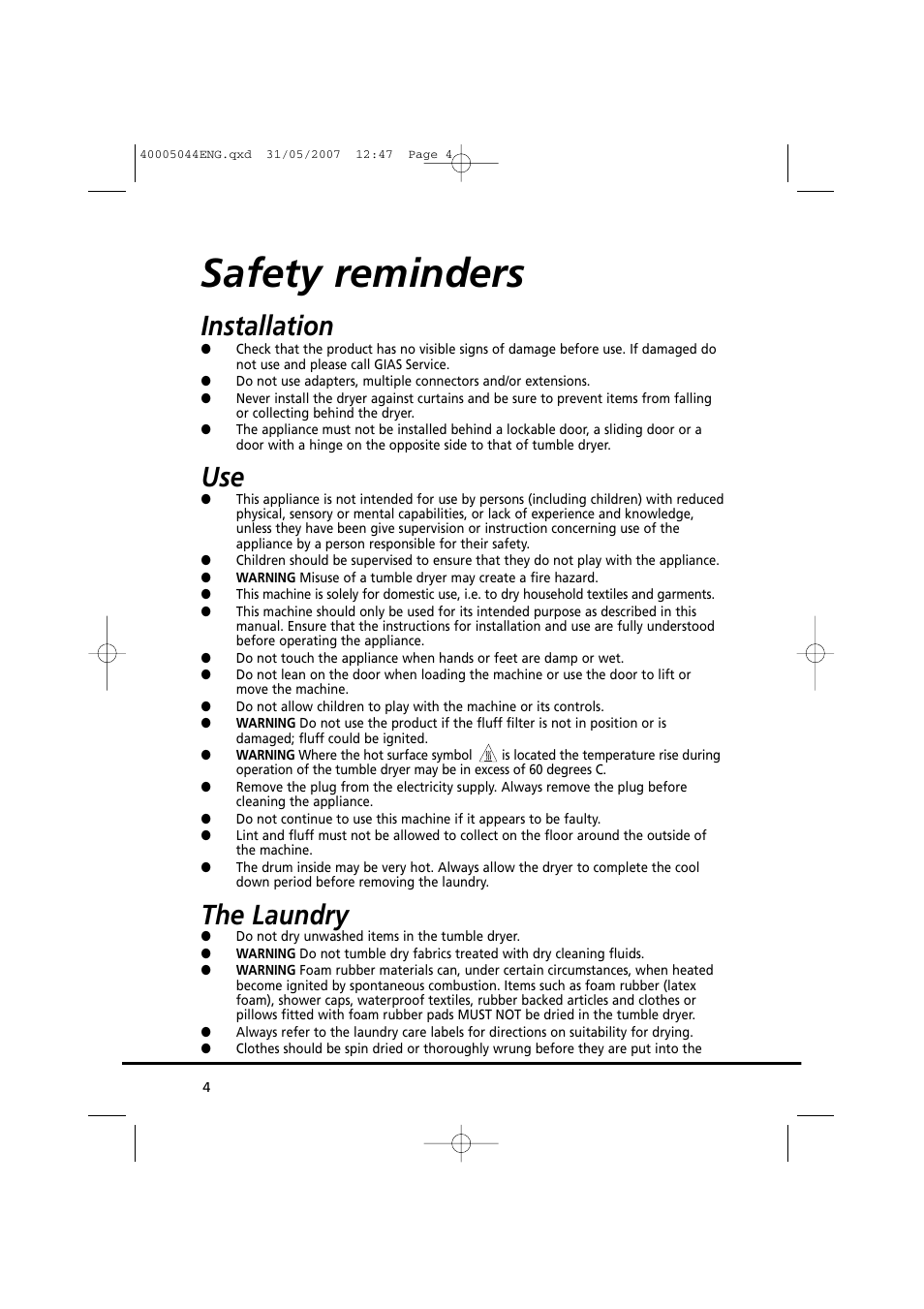 Safety reminders, Installation, The laundry | Candy GO DV 18-37S User Manual | Page 4 / 116
