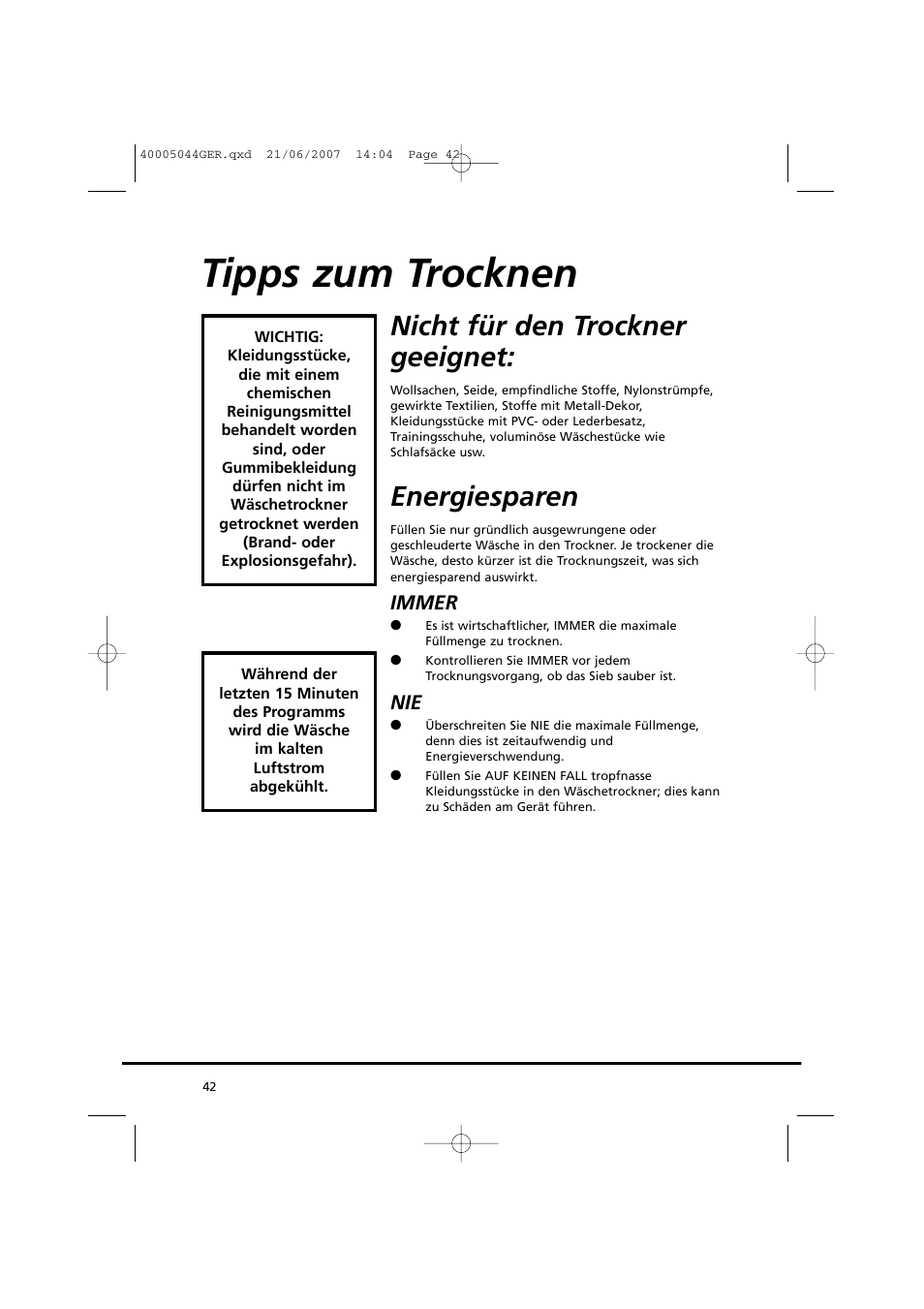 Tipps zum trocknen, Nicht für den trockner geeignet, Energiesparen | Candy GO DV 18-37S User Manual | Page 42 / 116