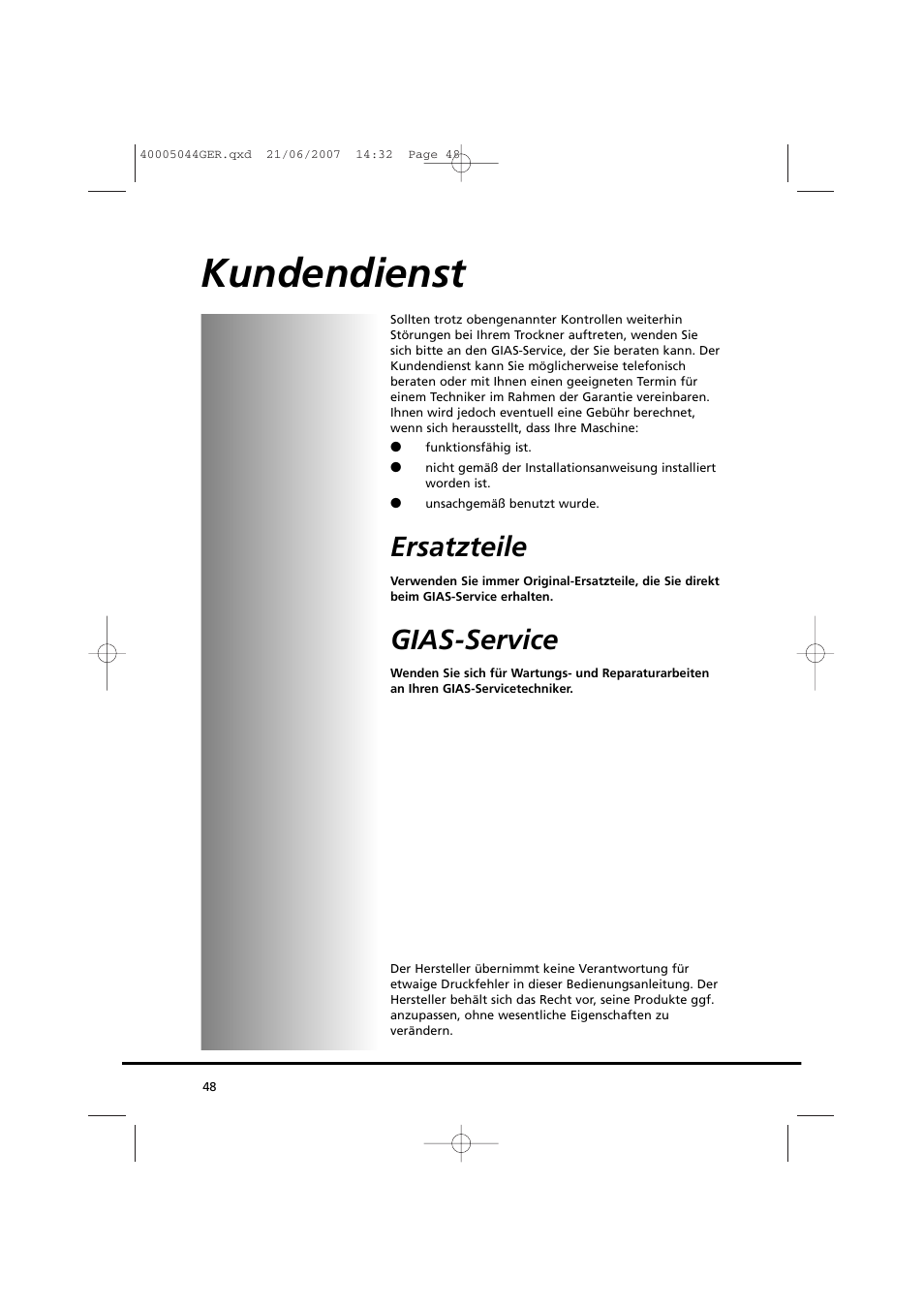 Kundendienst, Ersatzteile, Gias-service | Candy GO DV 18-37S User Manual | Page 48 / 116