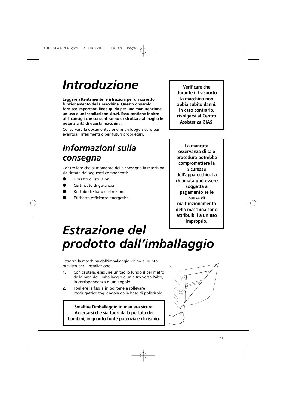 Introduzione, Estrazione del prodotto dall’imballaggio, Informazioni sulla consegna | Candy GO DV 18-37S User Manual | Page 51 / 116