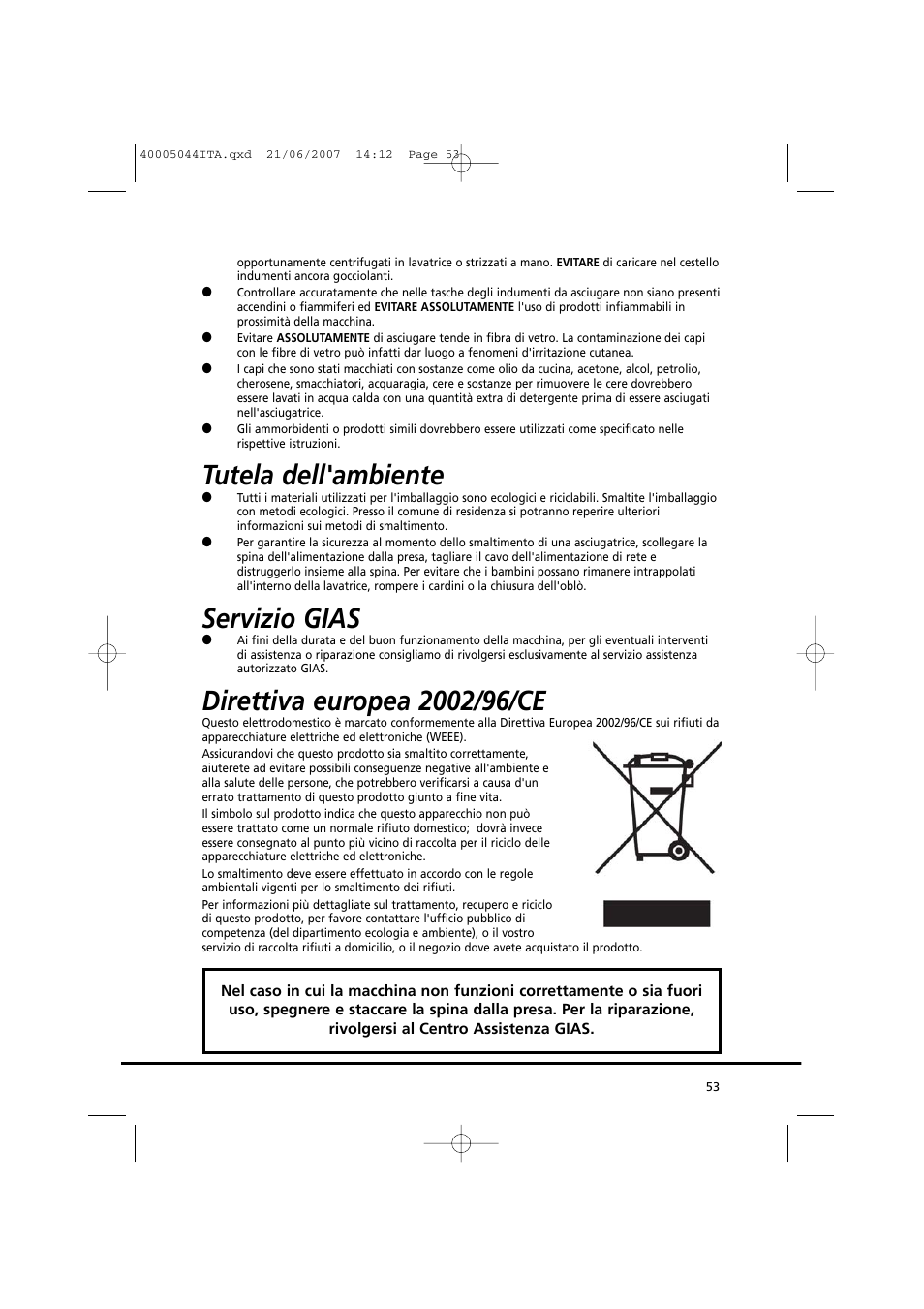 Tutela dell'ambiente, Servizio gias | Candy GO DV 18-37S User Manual | Page 53 / 116