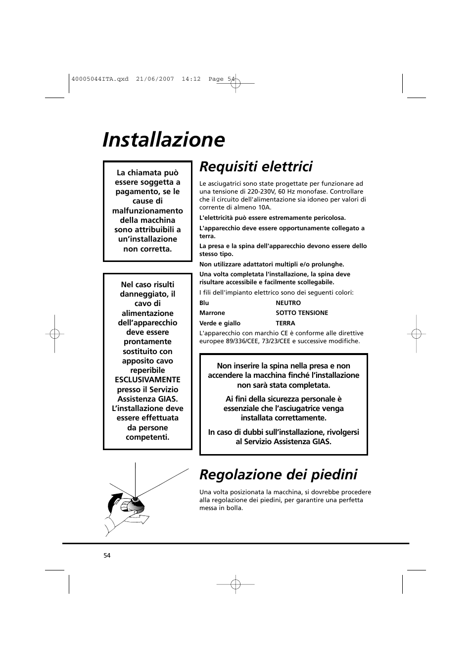 Installazione, Requisiti elettrici, Regolazione dei piedini | Candy GO DV 18-37S User Manual | Page 54 / 116