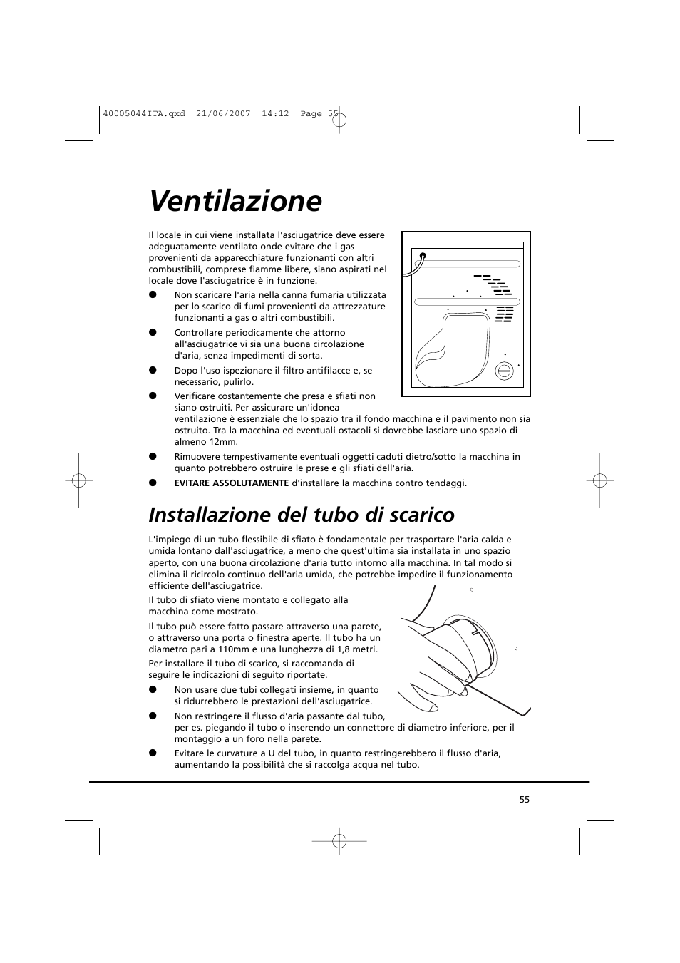 Ventilazione, Installazione del tubo di scarico | Candy GO DV 18-37S User Manual | Page 55 / 116