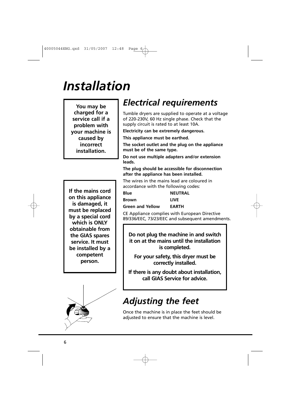 Installation, Electrical requirements, Adjusting the feet | Candy GO DV 18-37S User Manual | Page 6 / 116