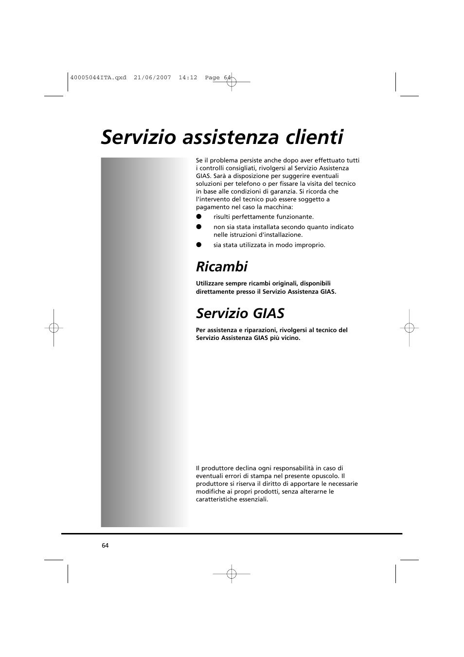 Servizio assistenza clienti, Ricambi, Servizio gias | Candy GO DV 18-37S User Manual | Page 64 / 116