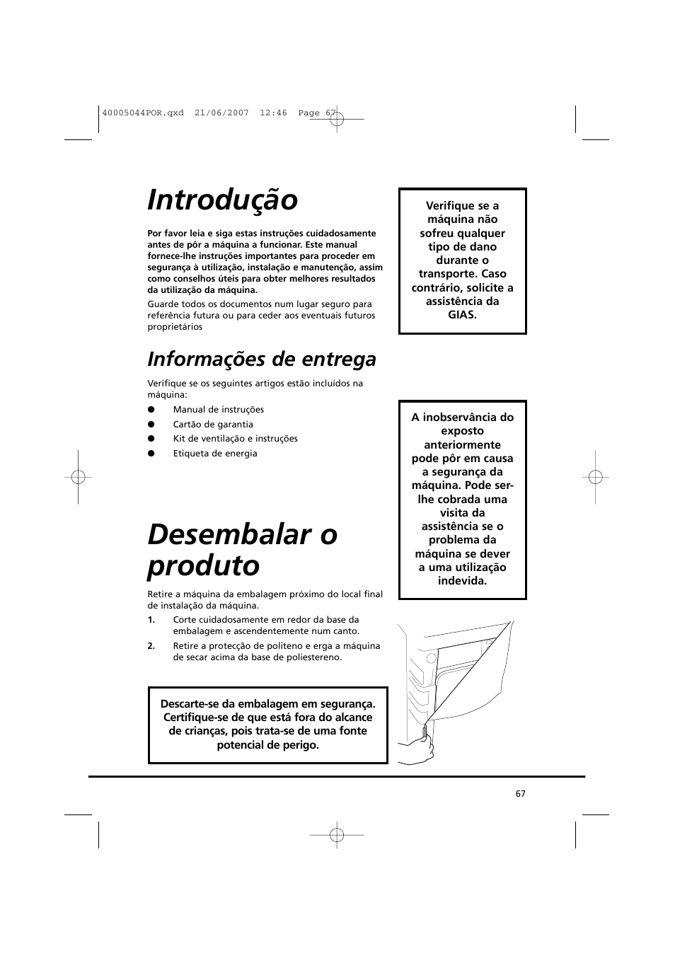 Introdução, Desembalar o produto, Informações de entrega | Candy GO DV 18-37S User Manual | Page 67 / 116