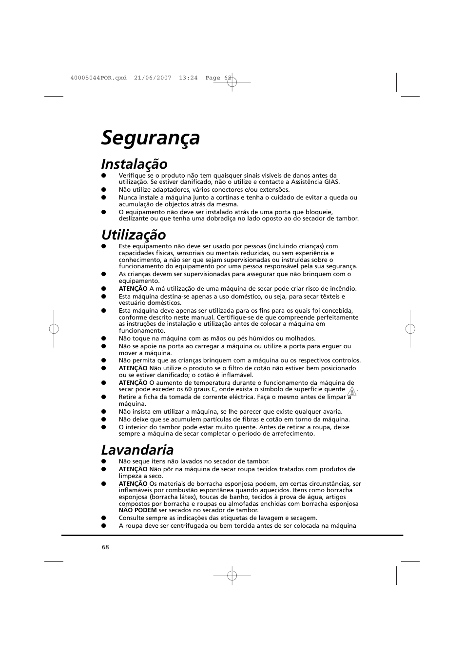 Segurança, Instalação, Utilização | Lavandaria | Candy GO DV 18-37S User Manual | Page 68 / 116