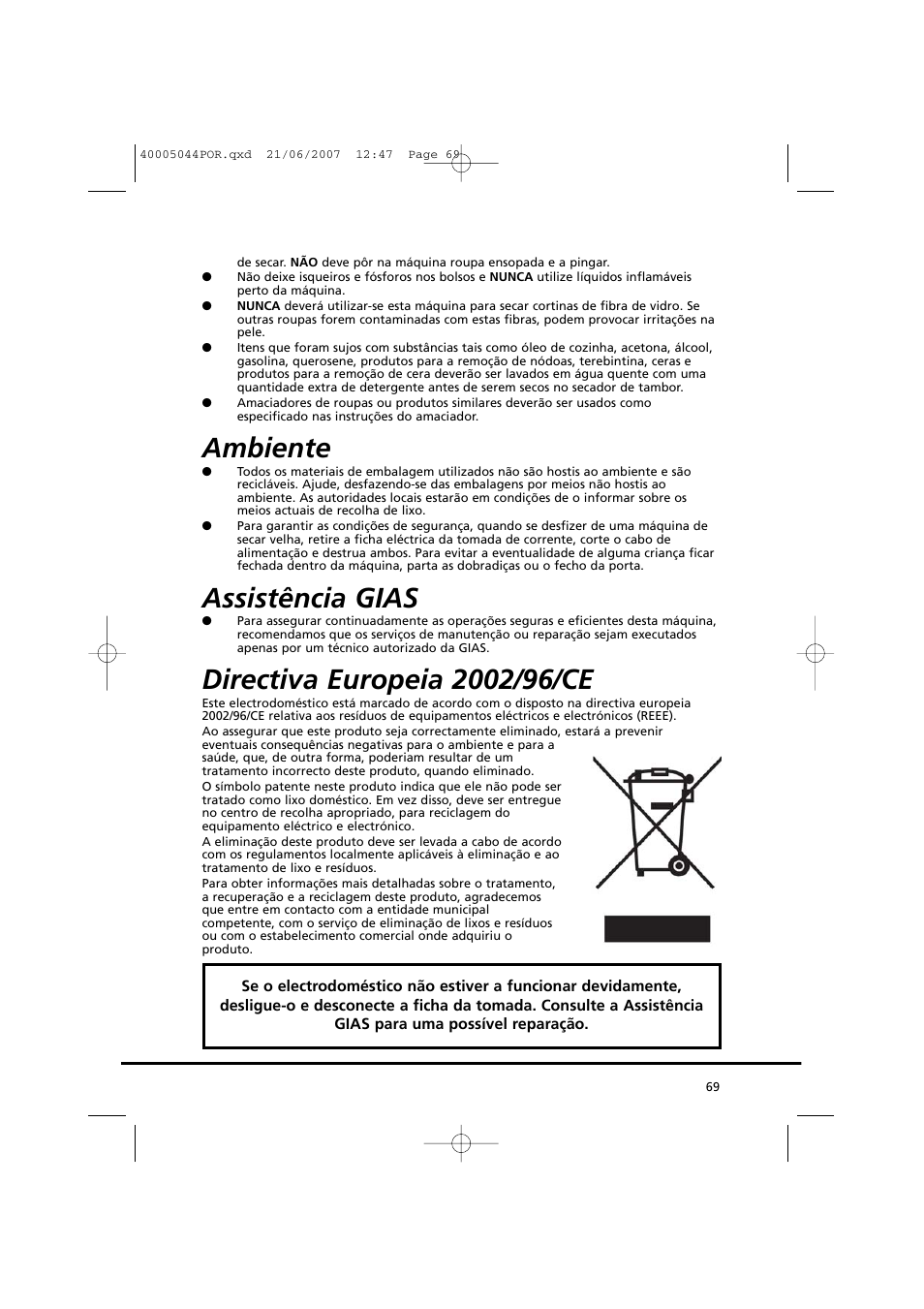 Ambiente, Assistência gias | Candy GO DV 18-37S User Manual | Page 69 / 116