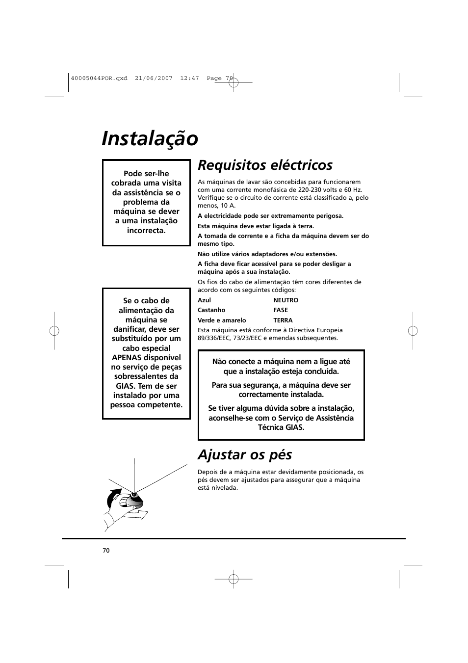 Instalação, Requisitos eléctricos, Ajustar os pés | Candy GO DV 18-37S User Manual | Page 70 / 116
