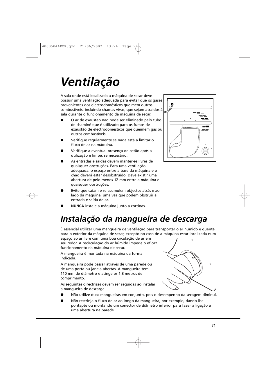 Ventilação, Instalação da mangueira de descarga | Candy GO DV 18-37S User Manual | Page 71 / 116