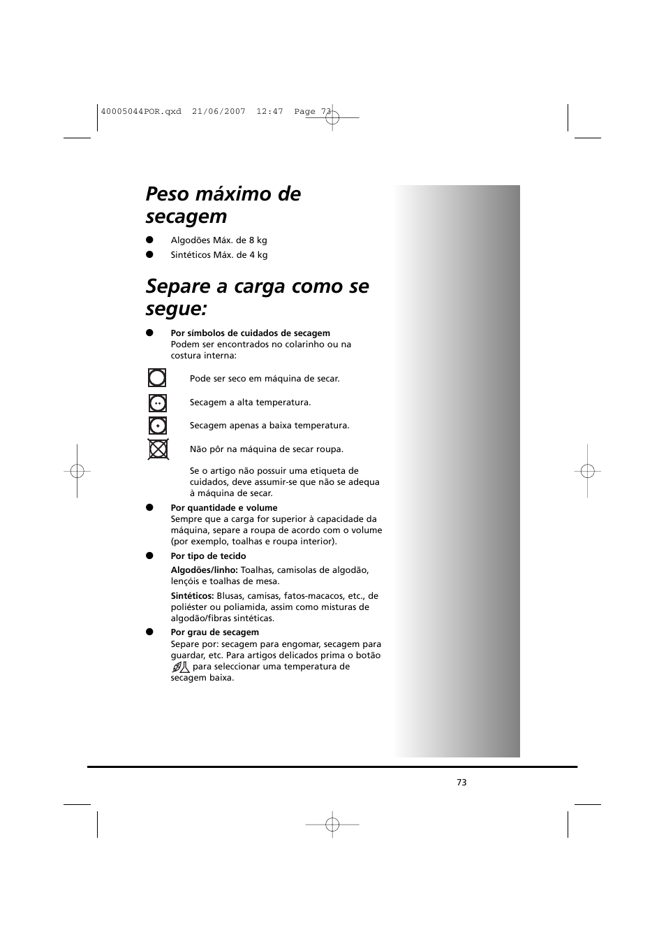 Peso máximo de secagem, Separe a carga como se segue | Candy GO DV 18-37S User Manual | Page 73 / 116