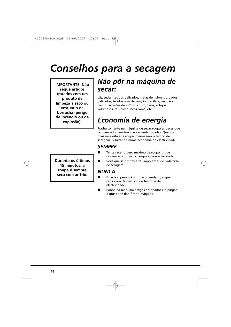 Conselhos para a secagem, Não pôr na máquina de secar, Economia de energia | Candy GO DV 18-37S User Manual | Page 74 / 116