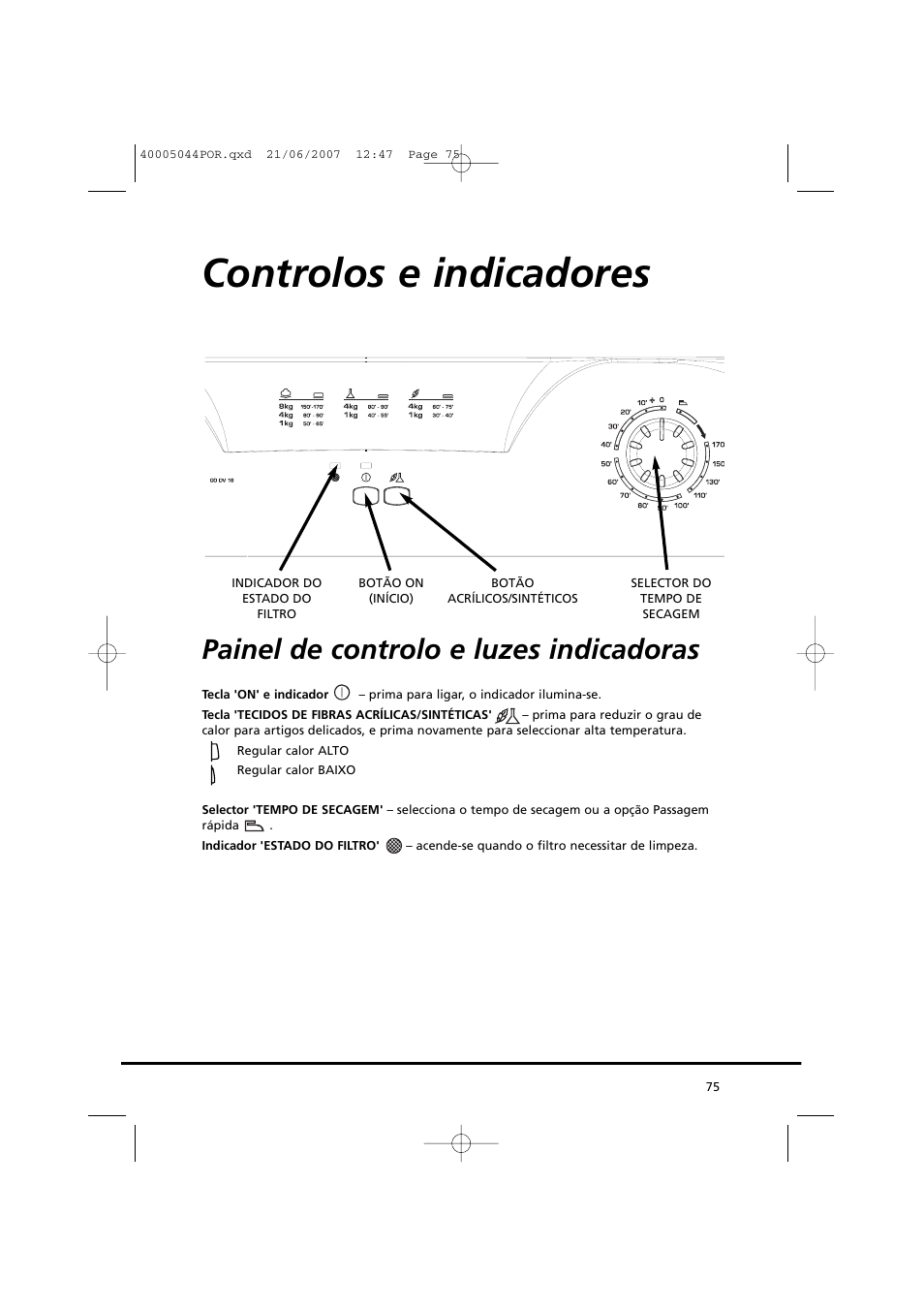 Controlos e indicadores, Painel de controlo e luzes indicadoras | Candy GO DV 18-37S User Manual | Page 75 / 116