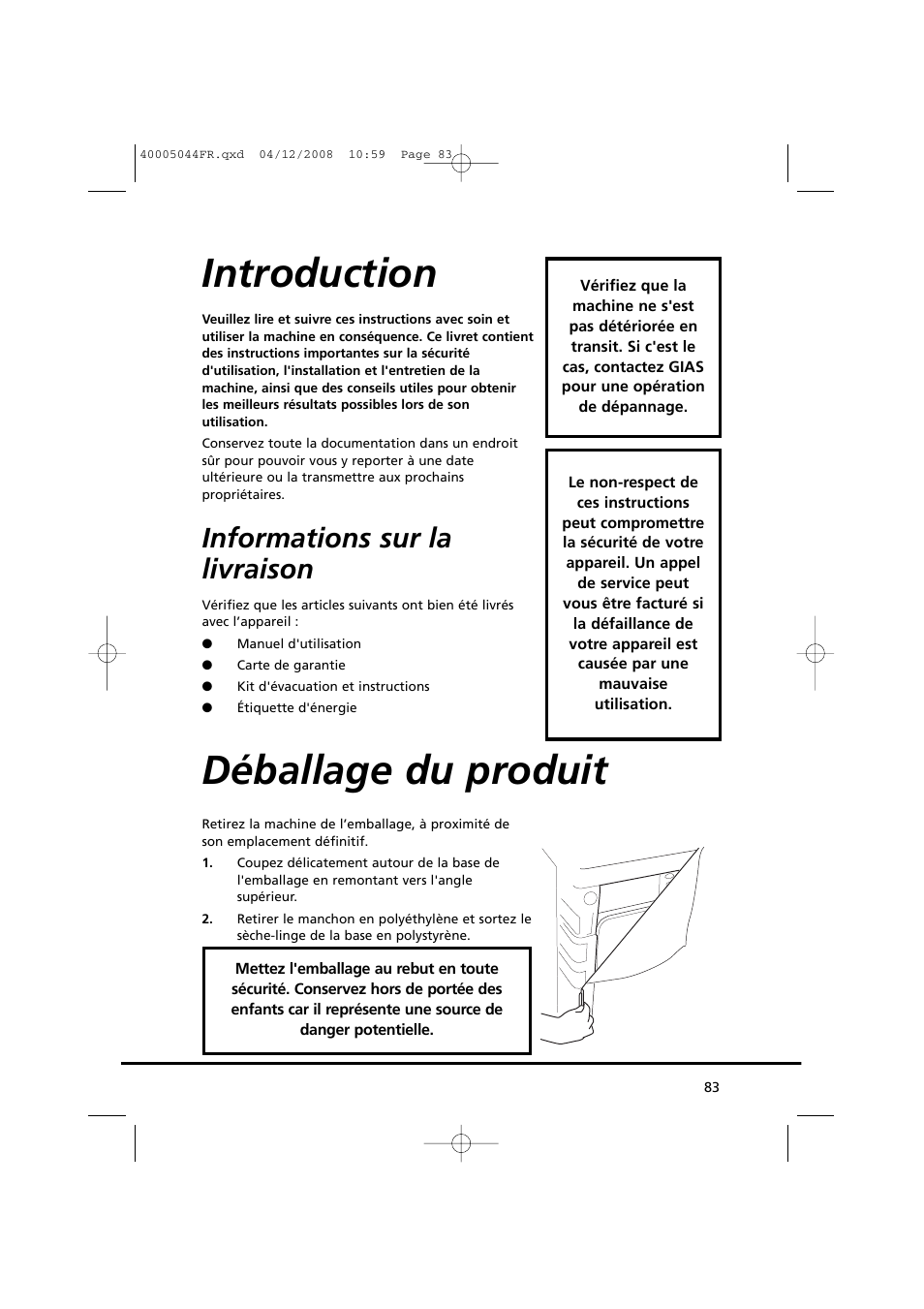 Introduction, Déballage du produit, Informations sur la livraison | Candy GO DV 18-37S User Manual | Page 83 / 116