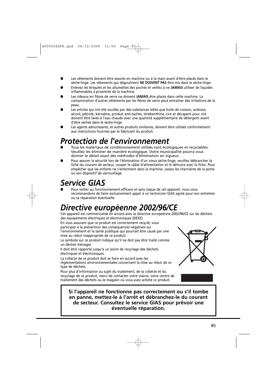 Protection de l'environnement, Service gias | Candy GO DV 18-37S User Manual | Page 85 / 116