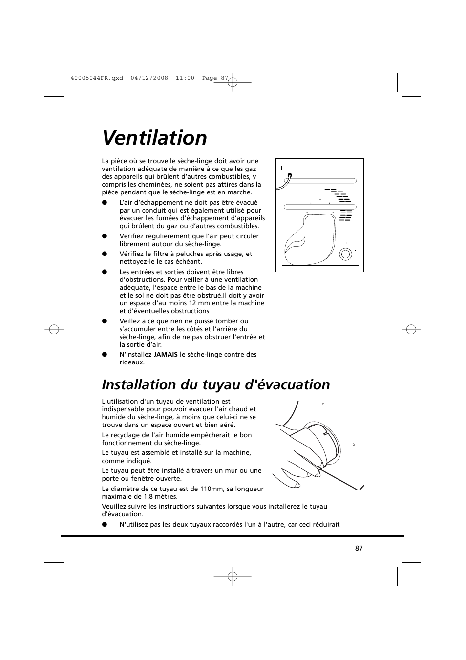 Ventilation, Installation du tuyau d'évacuation | Candy GO DV 18-37S User Manual | Page 87 / 116