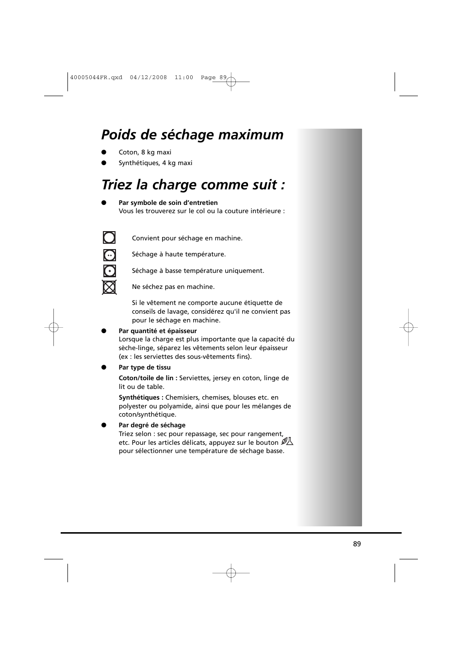 Poids de séchage maximum, Triez la charge comme suit | Candy GO DV 18-37S User Manual | Page 89 / 116