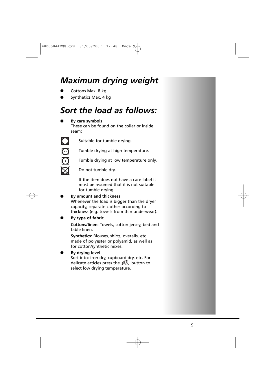 Maximum drying weight, Sort the load as follows | Candy GO DV 18-37S User Manual | Page 9 / 116