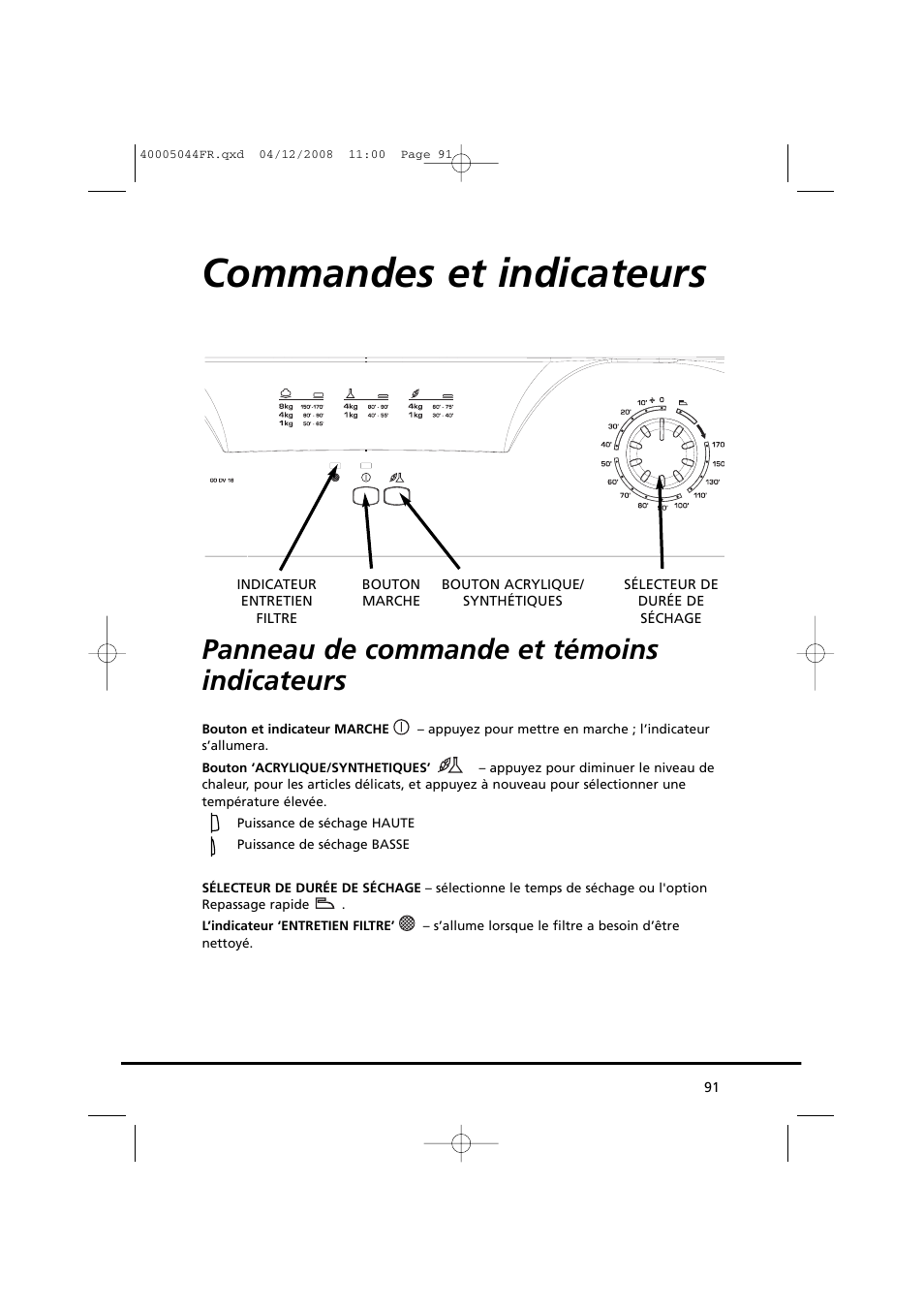 Commandes et indicateurs, Panneau de commande et témoins indicateurs | Candy GO DV 18-37S User Manual | Page 91 / 116