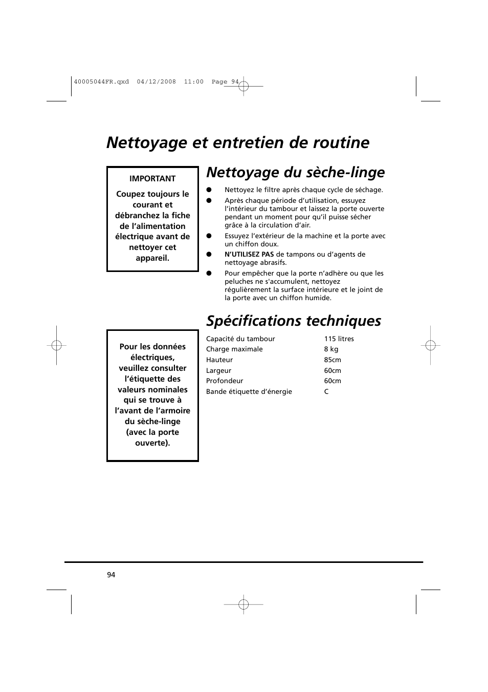 Nettoyage et entretien de routine, Nettoyage du sèche-linge, Spécifications techniques | Candy GO DV 18-37S User Manual | Page 94 / 116