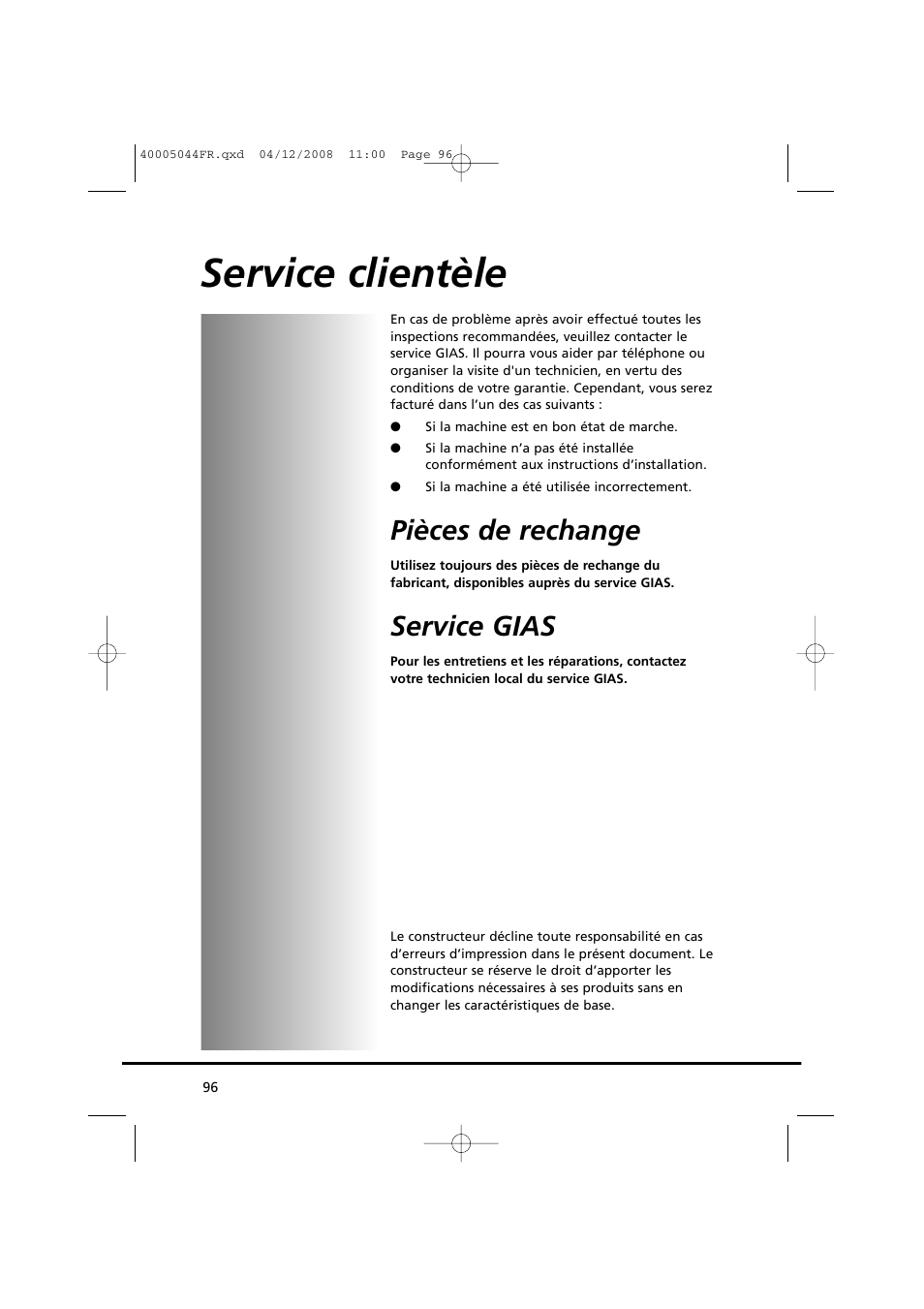 Service clientèle, Pièces de rechange, Service gias | Candy GO DV 18-37S User Manual | Page 96 / 116