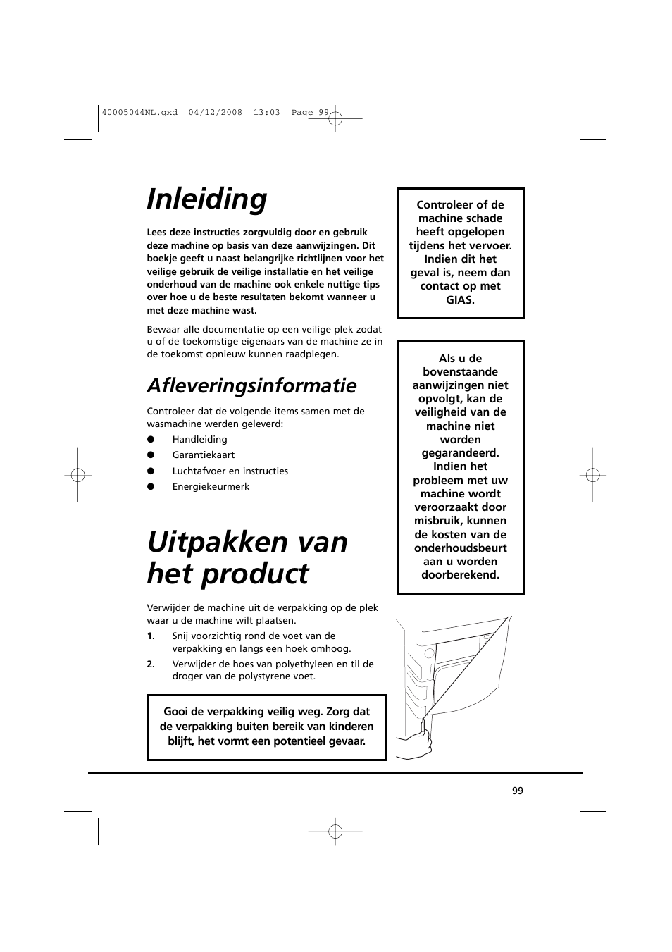 Inleiding, Uitpakken van het product, Afleveringsinformatie | Candy GO DV 18-37S User Manual | Page 99 / 116