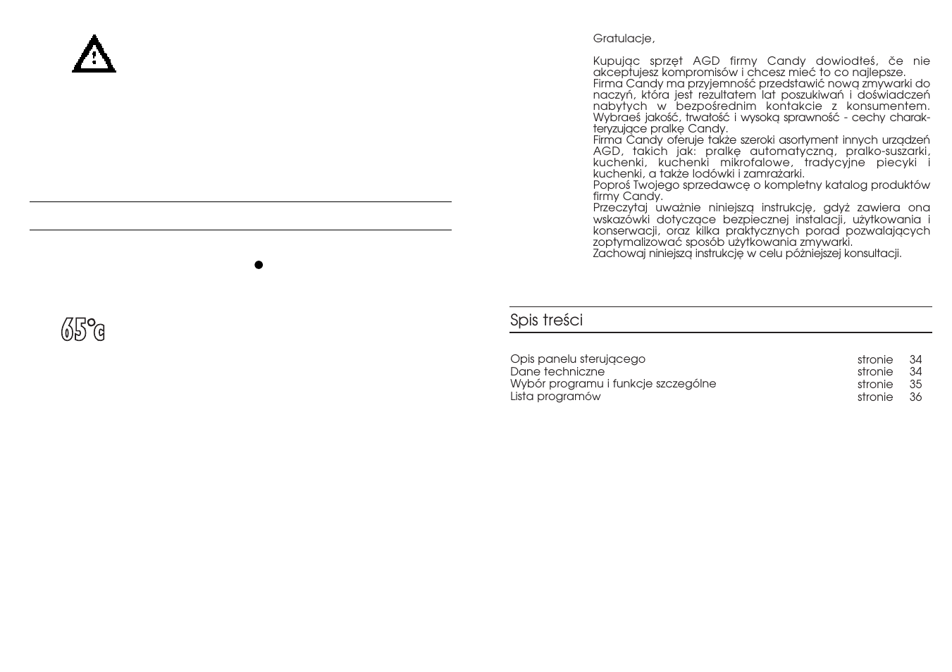 Programmakeuze en bijzondere functies, Spis treêci | Candy CDW 374__1 User Manual | Page 17 / 21