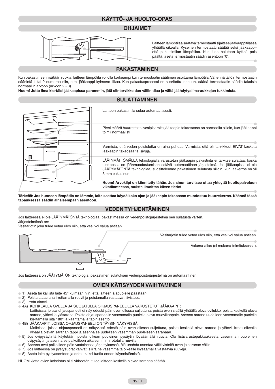 Käyttö- ja huolto-opas ohjaimet pakastaminen, Sulattaminen, Veden tyhjentäminen | Ovien kätisyyden vaihtaminen | Candy FRCFMF266A User Manual | Page 12 / 16