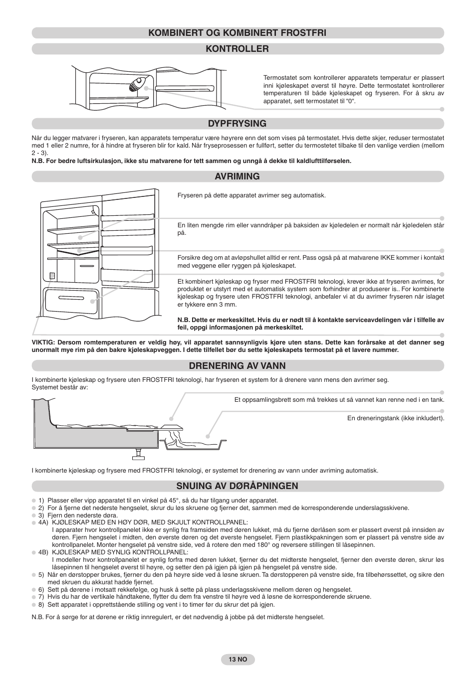 Avriming, Drenering av vann, Snuing av døråpningen | Candy FRCFMF266A User Manual | Page 13 / 16