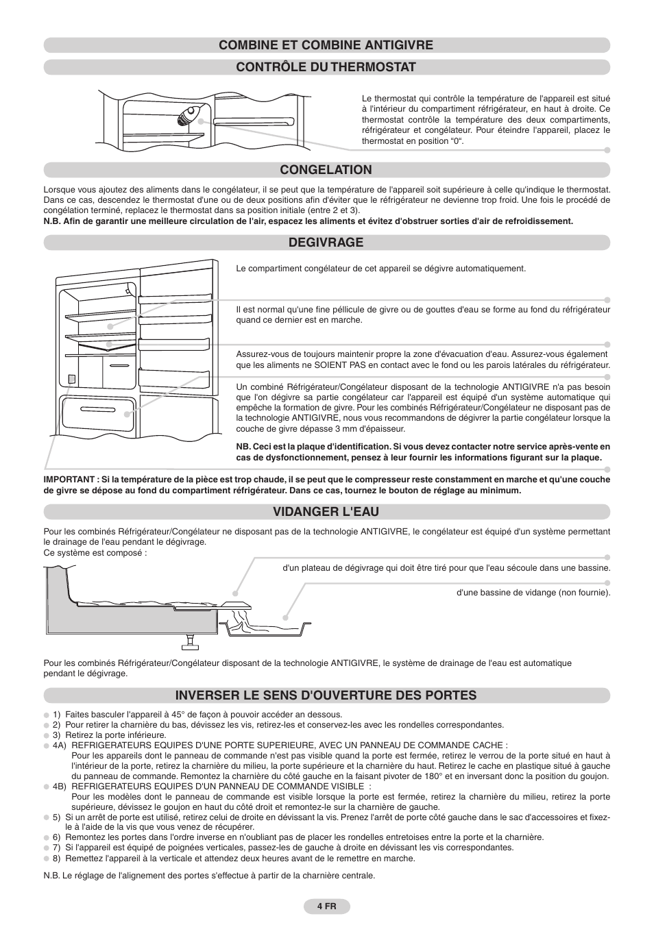 Degivrage, Vidanger l'eau, Inverser le sens d'ouverture des portes | Candy FRCFMF266A User Manual | Page 4 / 16