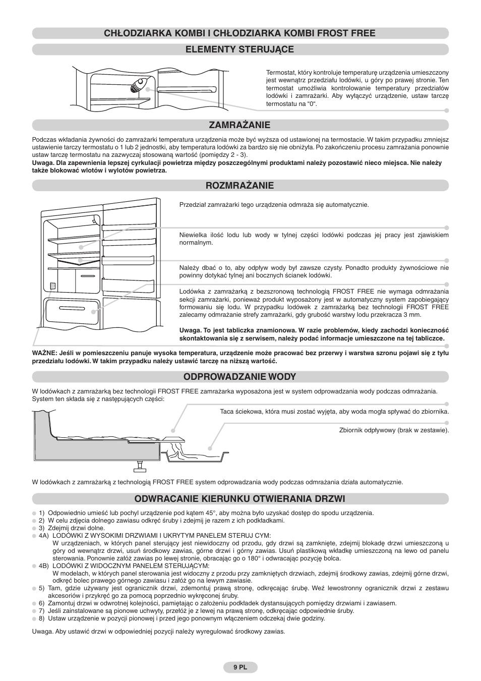 Rozmrażanie, Odprowadzanie wody, Odwracanie kierunku otwierania drzwi | Candy FRCFMF266A User Manual | Page 9 / 16