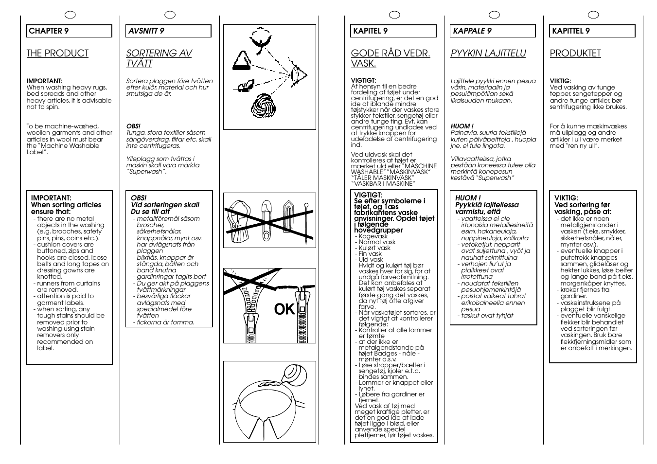 The product, Sortering av tvätt, Gode råd vedr. vask | Pyykin lajittelu, Produktet | Candy AQUAMATIC 10 T User Manual | Page 18 / 33