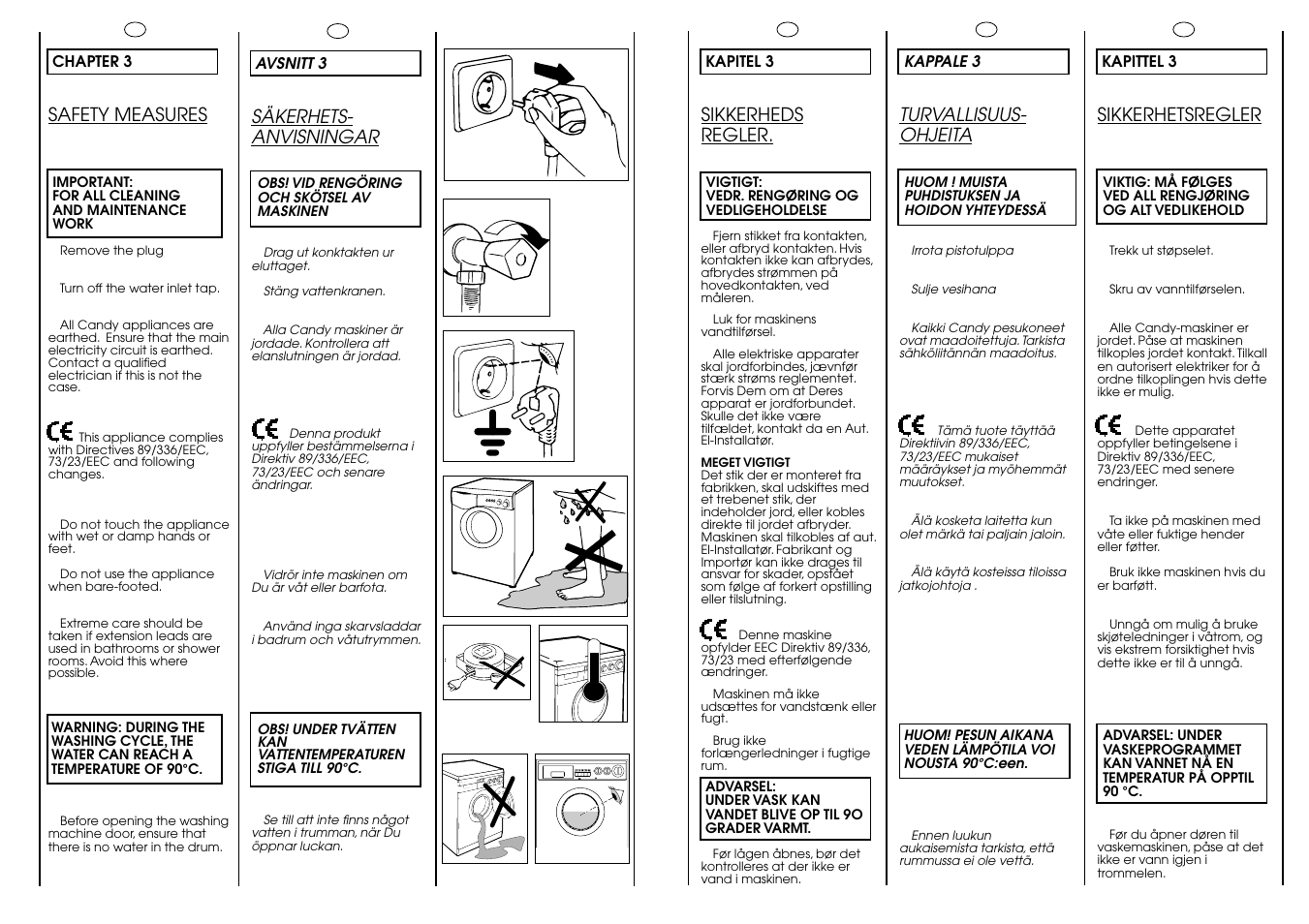 Säkerhets- anvisningar, Turvallisuus- ohjeita, Sikkerhetsregler | Sikkerheds regler, Safety measures | Candy AQUAMATIC 10 T User Manual | Page 6 / 33