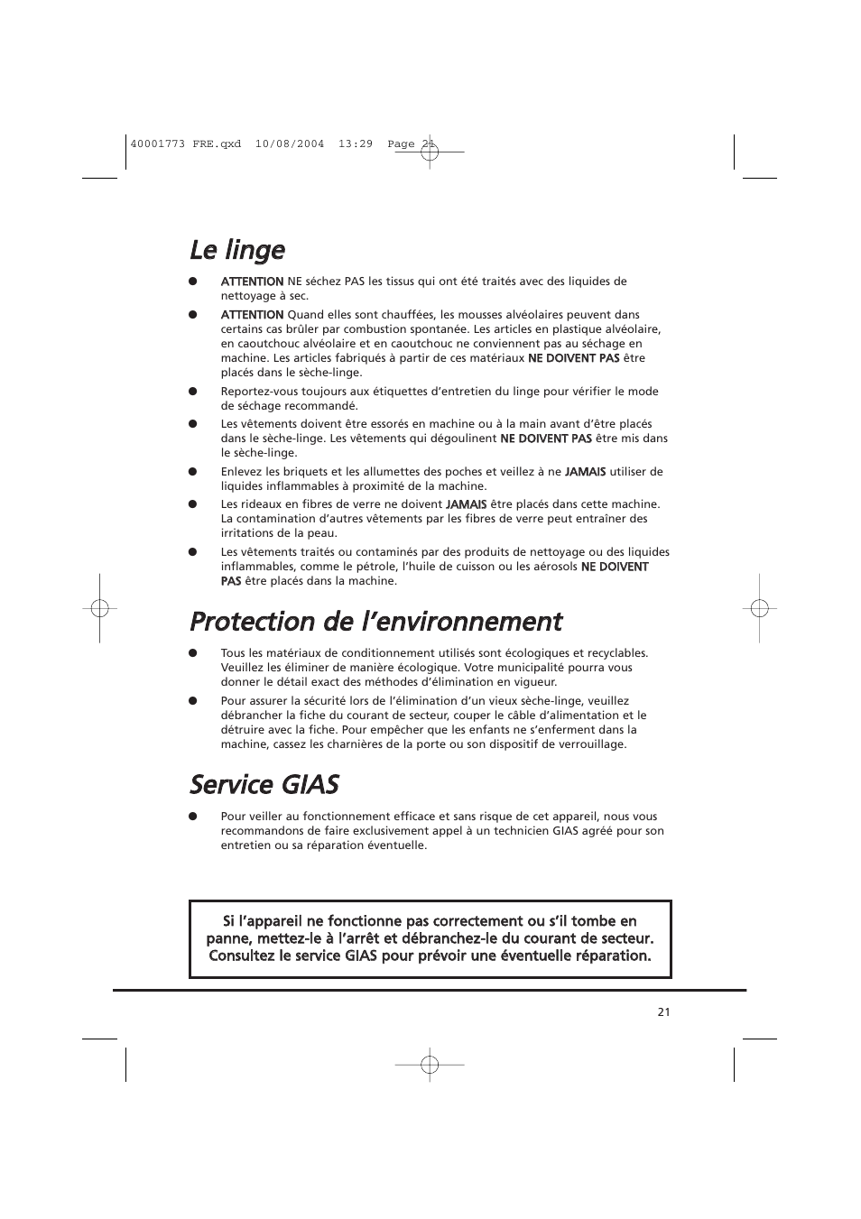 Lle e lliin ng ge e, Sse errv viicce e g giia as s | Candy AB CDV 671 X SY User Manual | Page 21 / 100