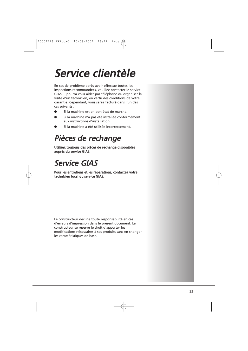 Sse errv viicce e cclliie en nttè èlle e, Ppiiè ècce ess d de e rre ecch ha an ng ge e, Sse errv viicce e g giia as s | Candy AB CDV 671 X SY User Manual | Page 33 / 100