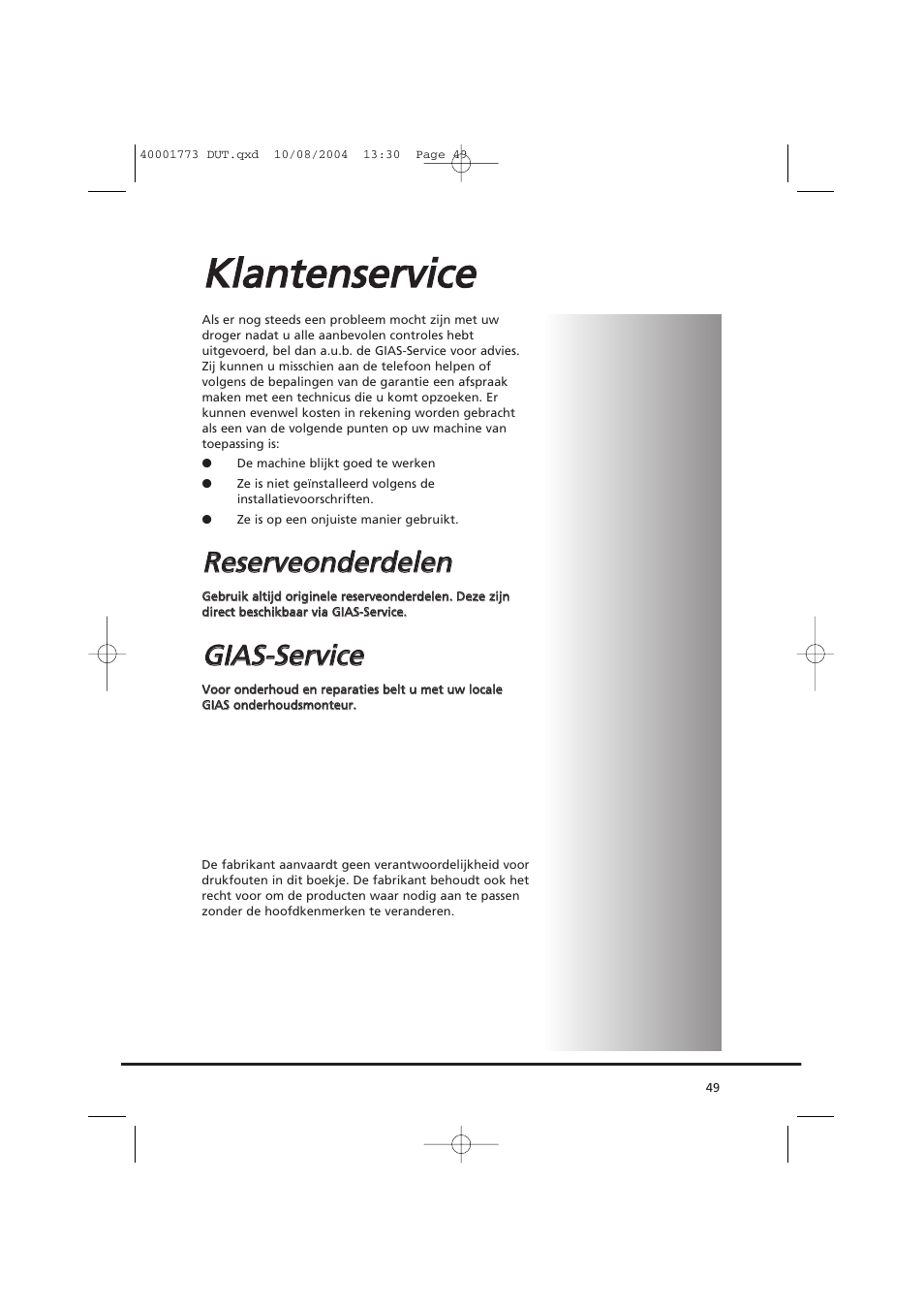 Kklla an ntte en nsse errv viicce e, Rre esse errv ve eo on nd de errd de elle en n, Ggiia as s--s se errv viicce e | Candy AB CDV 671 X SY User Manual | Page 49 / 100