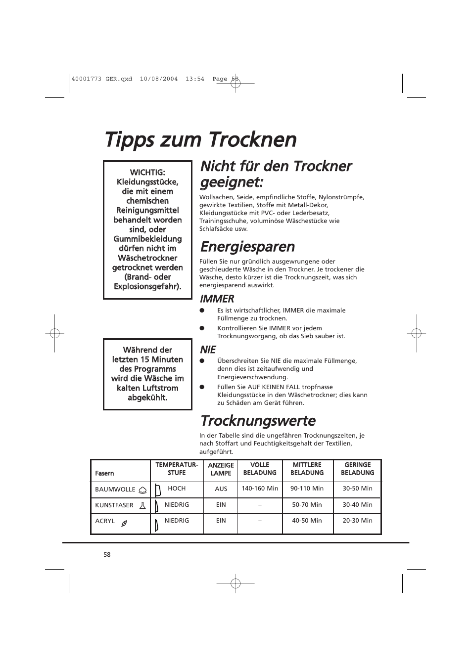 Ttiip pp pss z zu um m t trro occk kn ne en n, Een ne errg giie essp pa arre en n, Ttrro occk kn nu un ng gssw we errtte e | Iim mm me er r, Nniie e | Candy AB CDV 671 X SY User Manual | Page 58 / 100