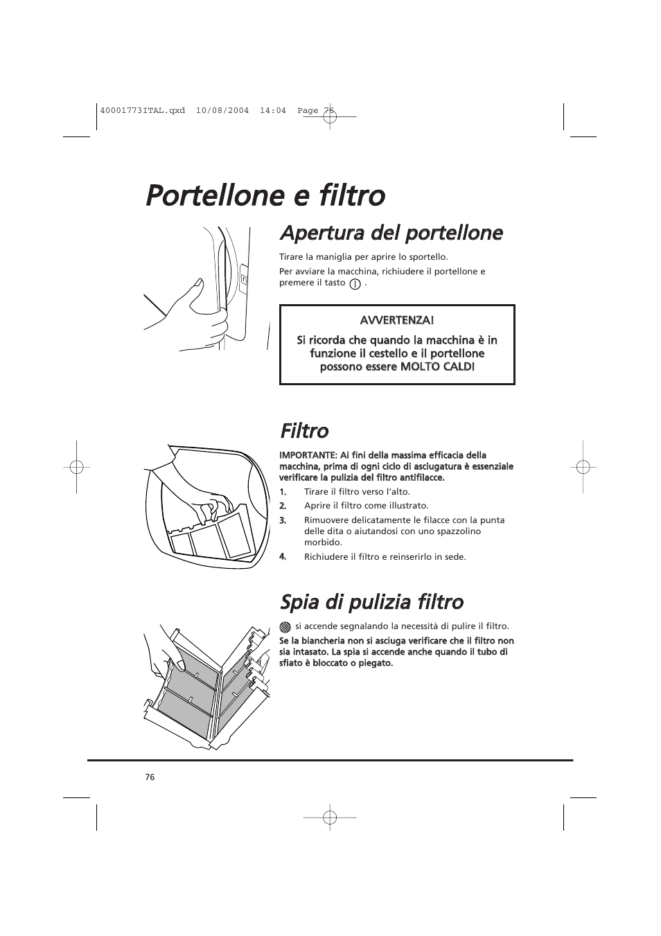 Ffiillttrro o, Ssp piia a d dii p pu ulliiz ziia a ffiillttrro o | Candy AB CDV 671 X SY User Manual | Page 76 / 100