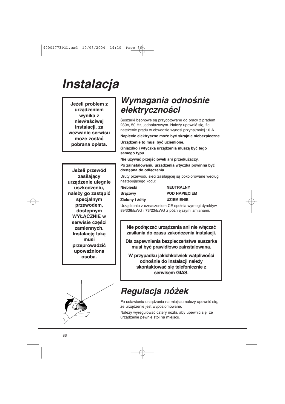 Instalacja, Wymagania odnośnie elektryczności, Regulacja nóżek | Candy AB CDV 671 X SY User Manual | Page 86 / 100