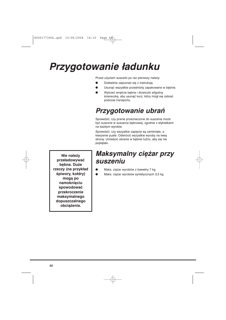 Przygotowanie ładunku, Przygotowanie ubrań, Maksymalny ciężar przy suszeniu | Candy AB CDV 671 X SY User Manual | Page 88 / 100