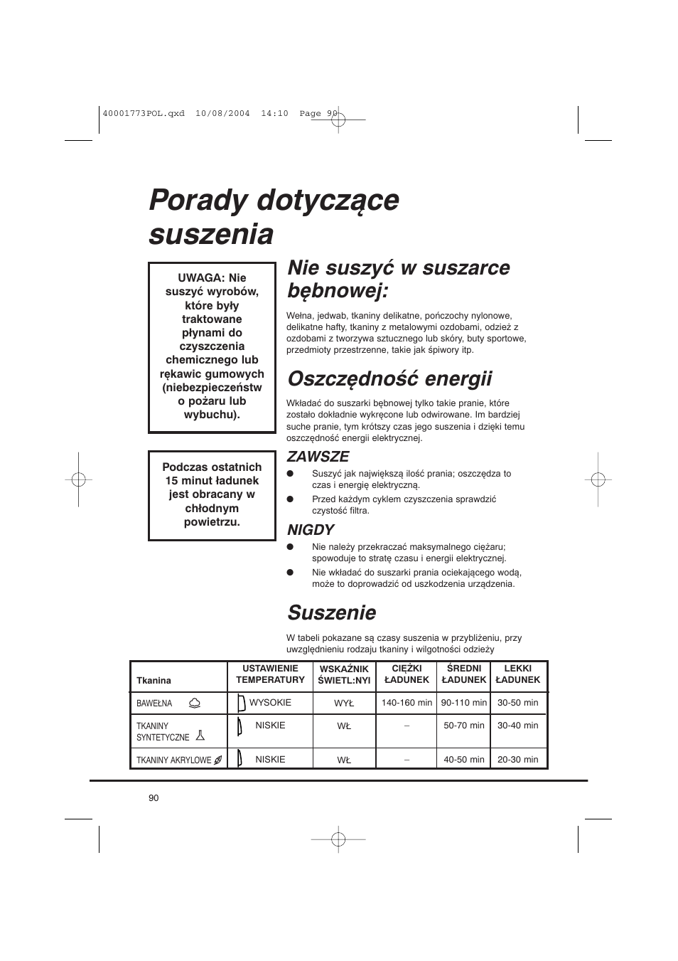 Porady dotyczące suszenia, Nie suszyć w suszarce bębnowej, Oszczędność energii | Suszenie, Zawsze, Nigdy | Candy AB CDV 671 X SY User Manual | Page 90 / 100