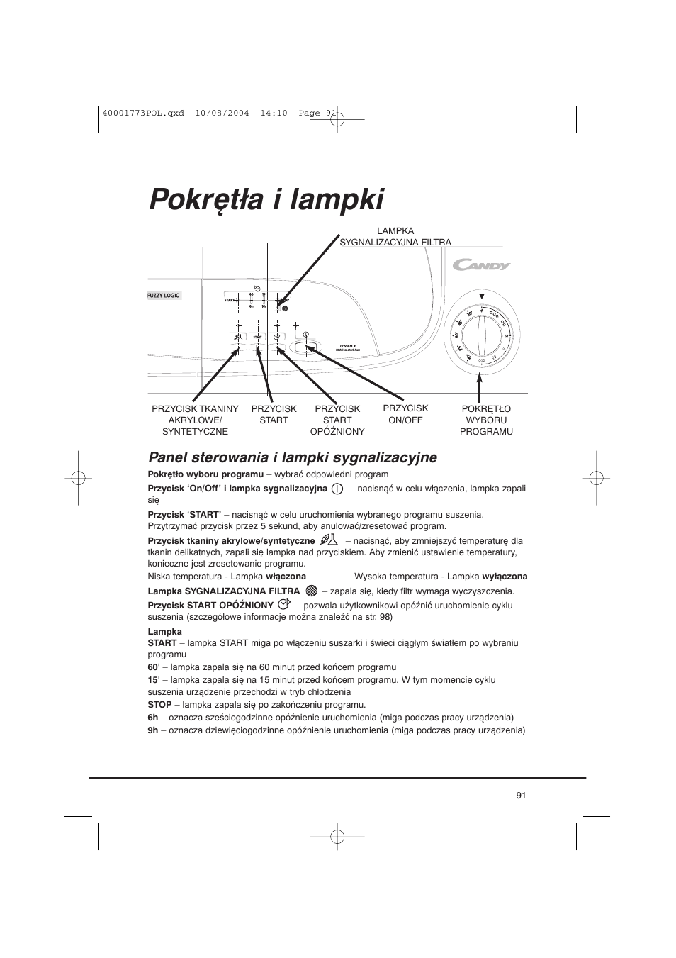 Pokrętła i lampki, Panel sterowania i lampki sygnalizacyjne | Candy AB CDV 671 X SY User Manual | Page 91 / 100