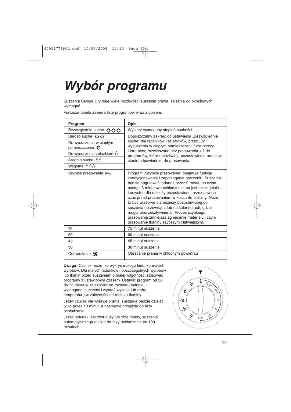 Wybór programu | Candy AB CDV 671 X SY User Manual | Page 93 / 100