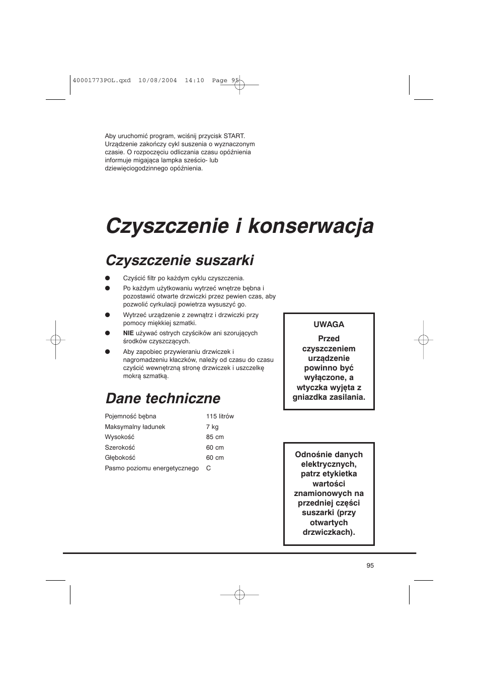 Czyszczenie i konserwacja, Czyszczenie suszarki, Dane techniczne | Candy AB CDV 671 X SY User Manual | Page 95 / 100