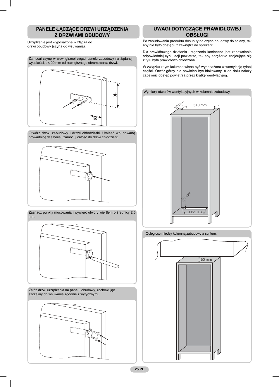 Panele łączące drzwi urządzenia z drzwiami obudowy, Uwagi dotyczące prawidłowej obsługi | Candy CFBD 2650 A SN User Manual | Page 25 / 44