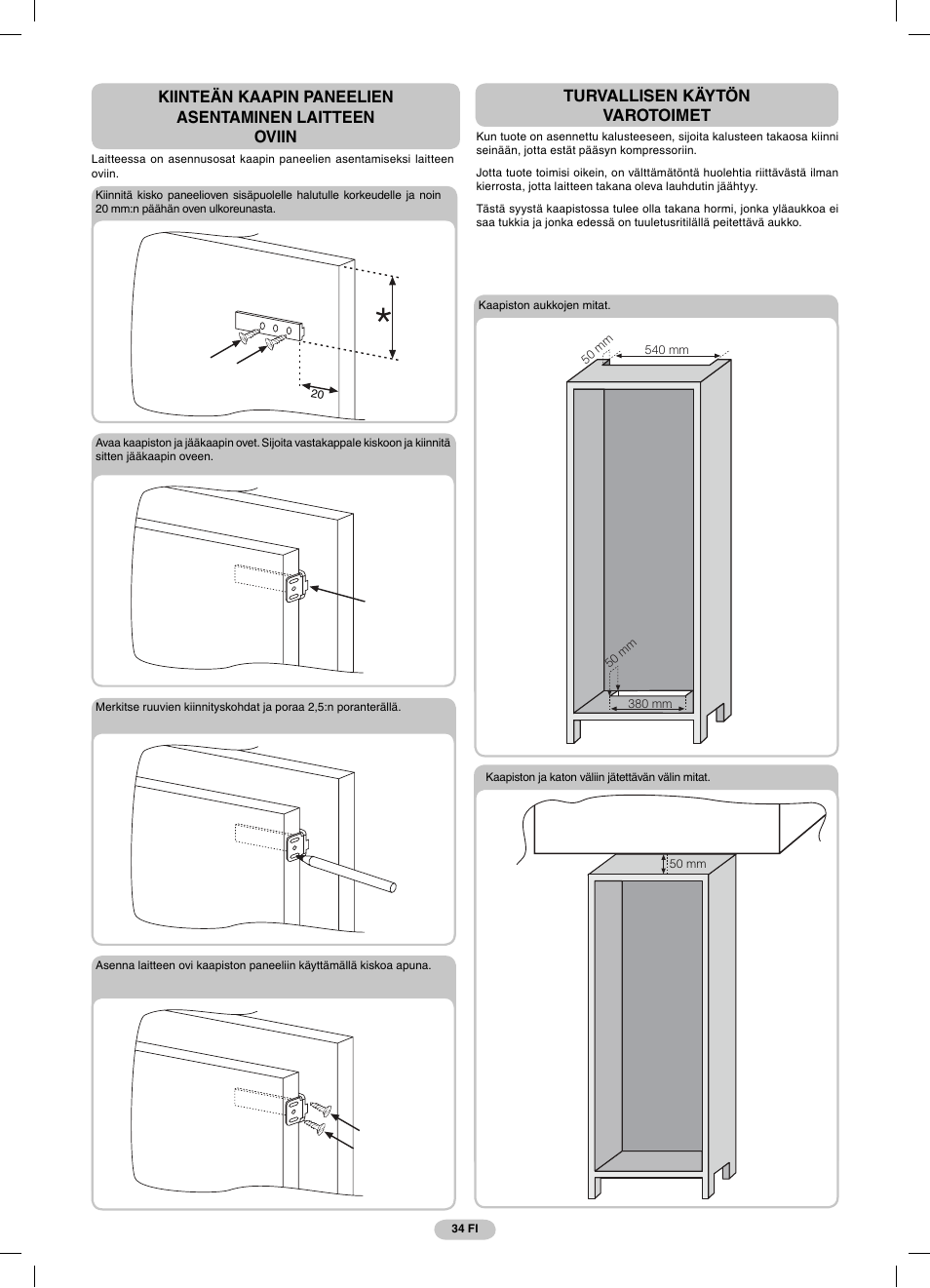 Turvallisen käytön varotoimet | Candy CFBD 2650 A SN User Manual | Page 34 / 44